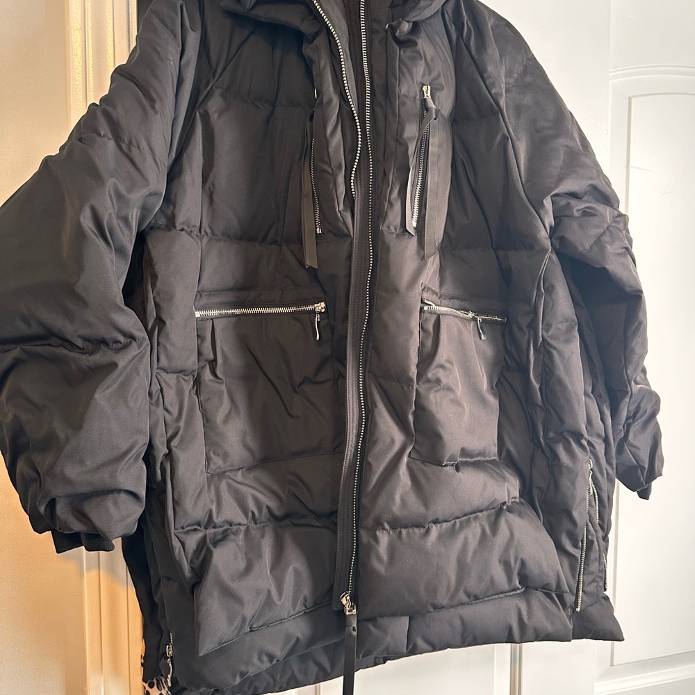 OLAY Black Puffer Coat with White Trim